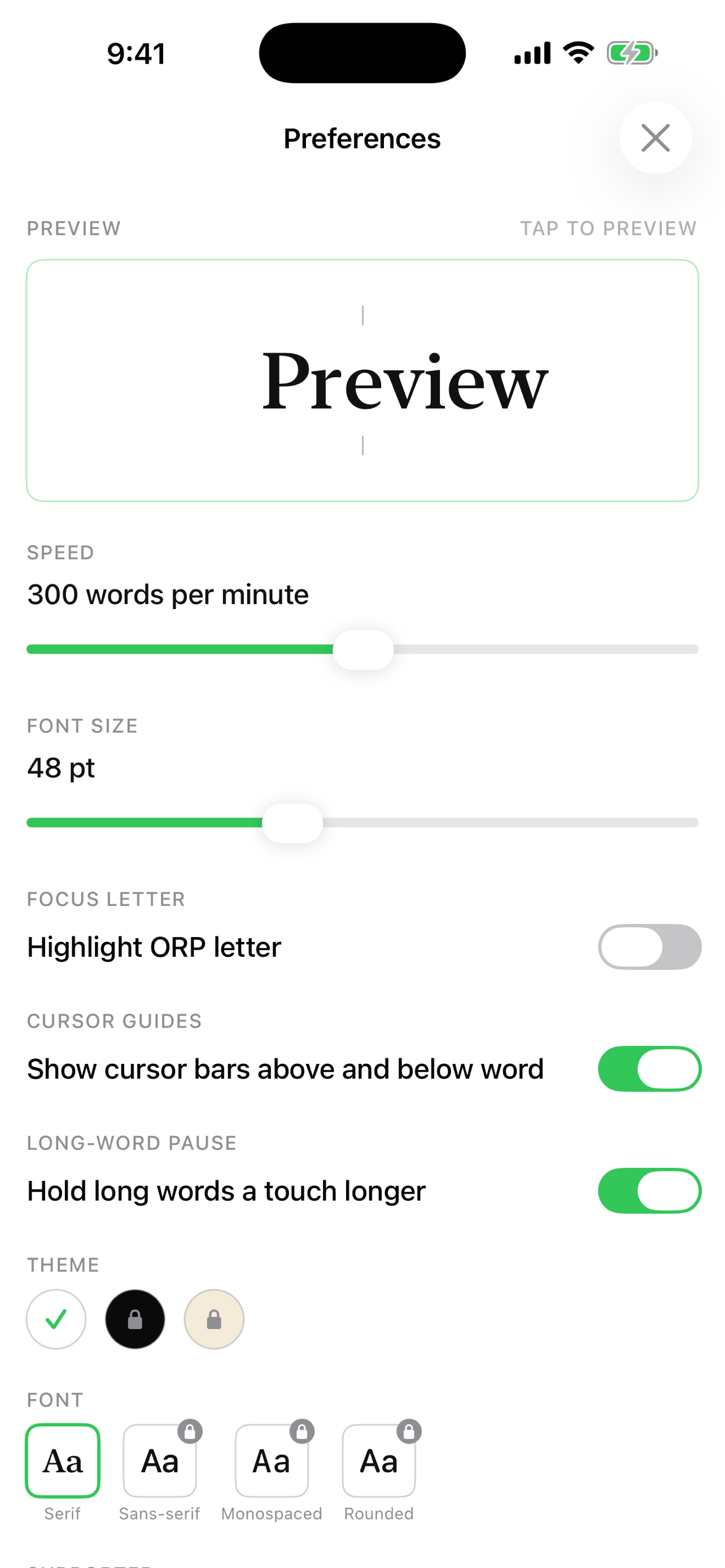 Fovea reading controls for speed, type, focus, and theme
